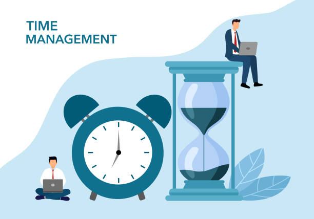 A clock and various productivity tools, symbolizing time management